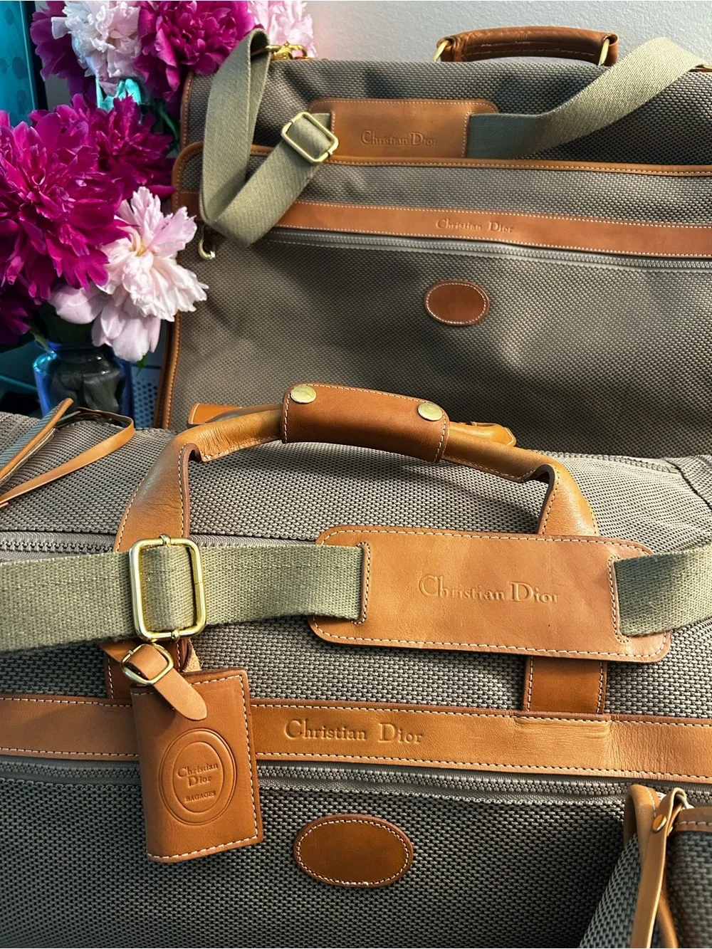 Christian Dior Vintage 3 Piece Honeycomb Canvas Tan Leather Travel set